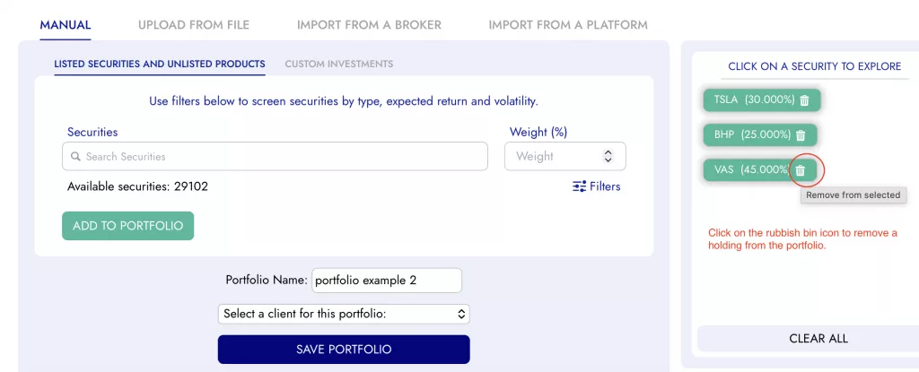 Diversiview Portfolio construction page showing the ability to remove a holding from the portfolio